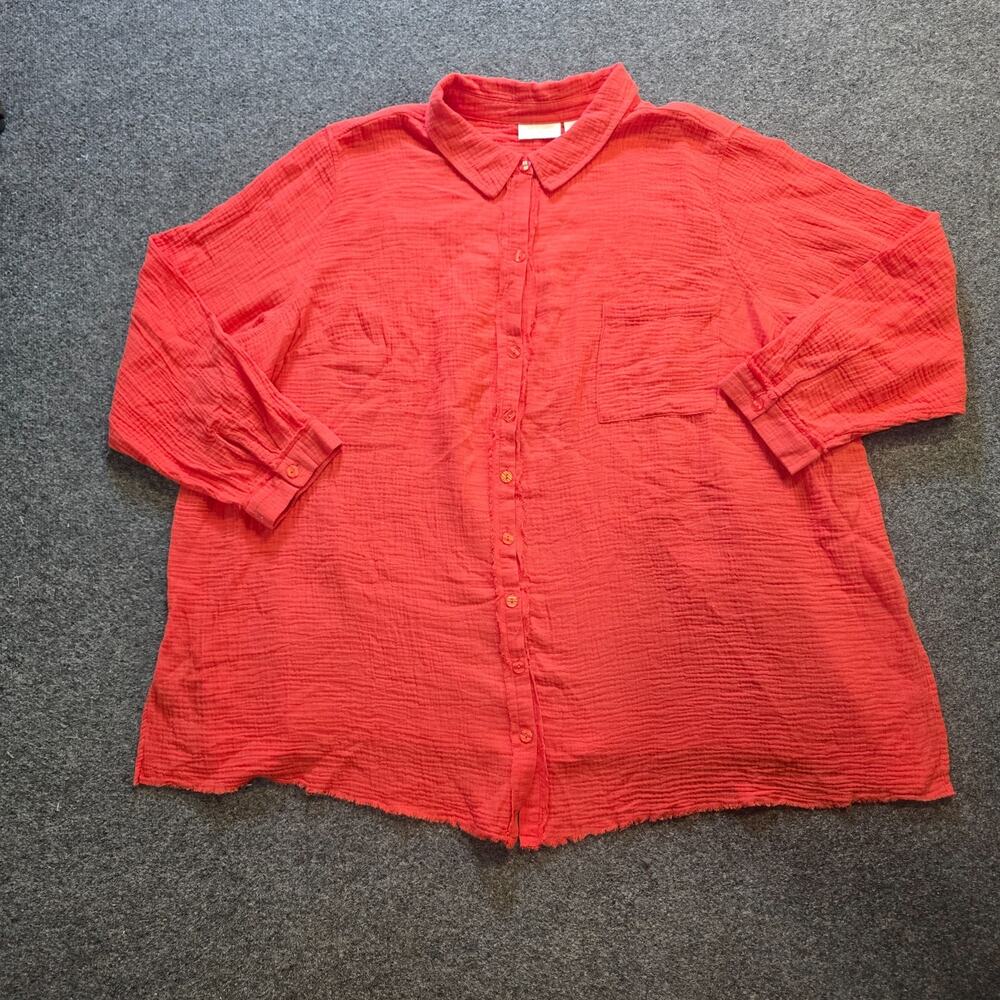 Belle Kim Gravel Top Womens 4X Orange Gauze Texture Long Sleeve Button Up Casual